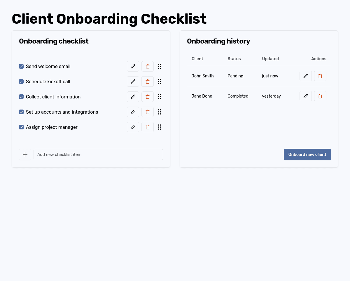 Screenshot of the onboarding checklist tool